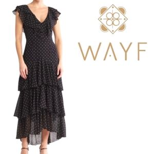 WAYF Whimsical Black Polka Dot Tiered Midi Dress Deep V-Neck Front & Back NWT SM